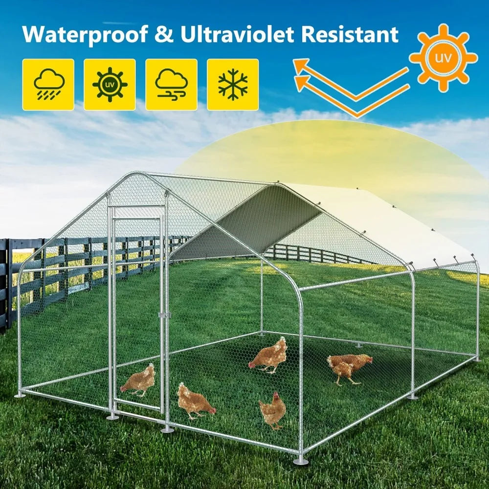 10x13FT Large Metal Chicken Run with Roof, Walk-in Poultry Cage Chicken Coop Runs House for Yard with Waterproof Cover