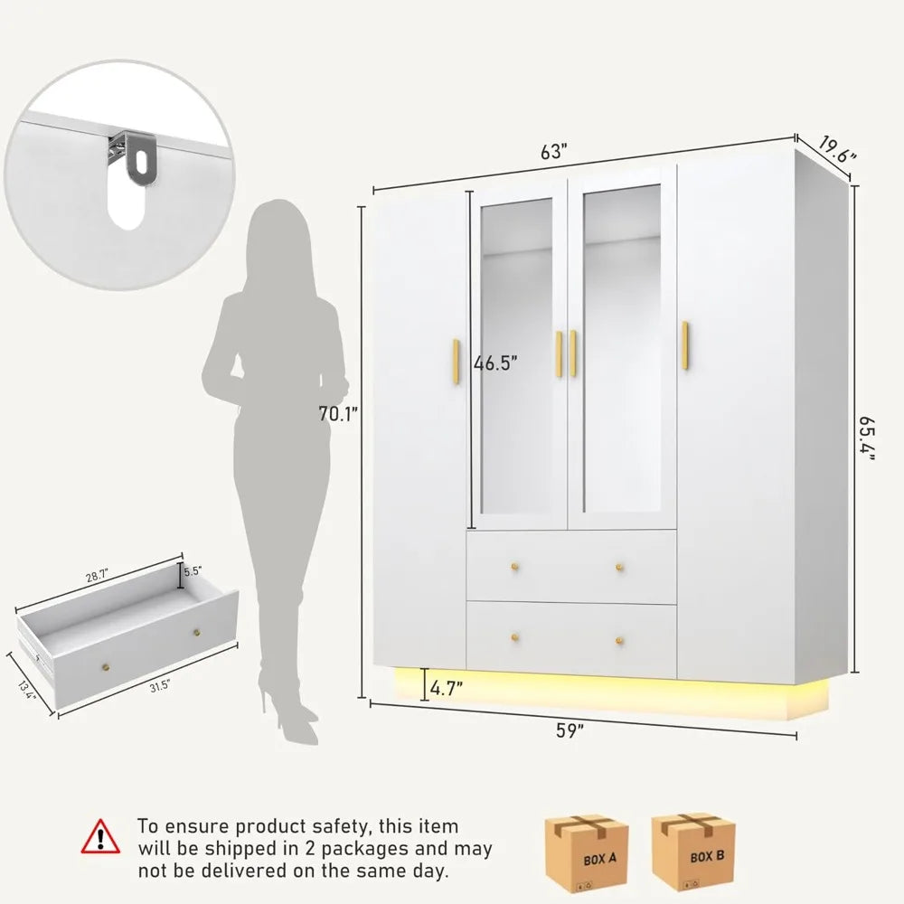 Modern Wooden Armoire Wardrobe Closet with Mirrors and LED LightsWardrobe