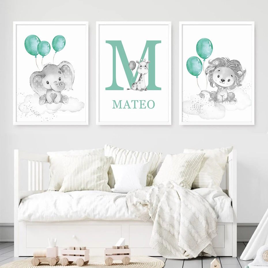 Cartoon Animals Lion Elephant Custom Baby's Name Poster Canvas Painting Nursery Wall Art Print Picture Kids Room Home Decor