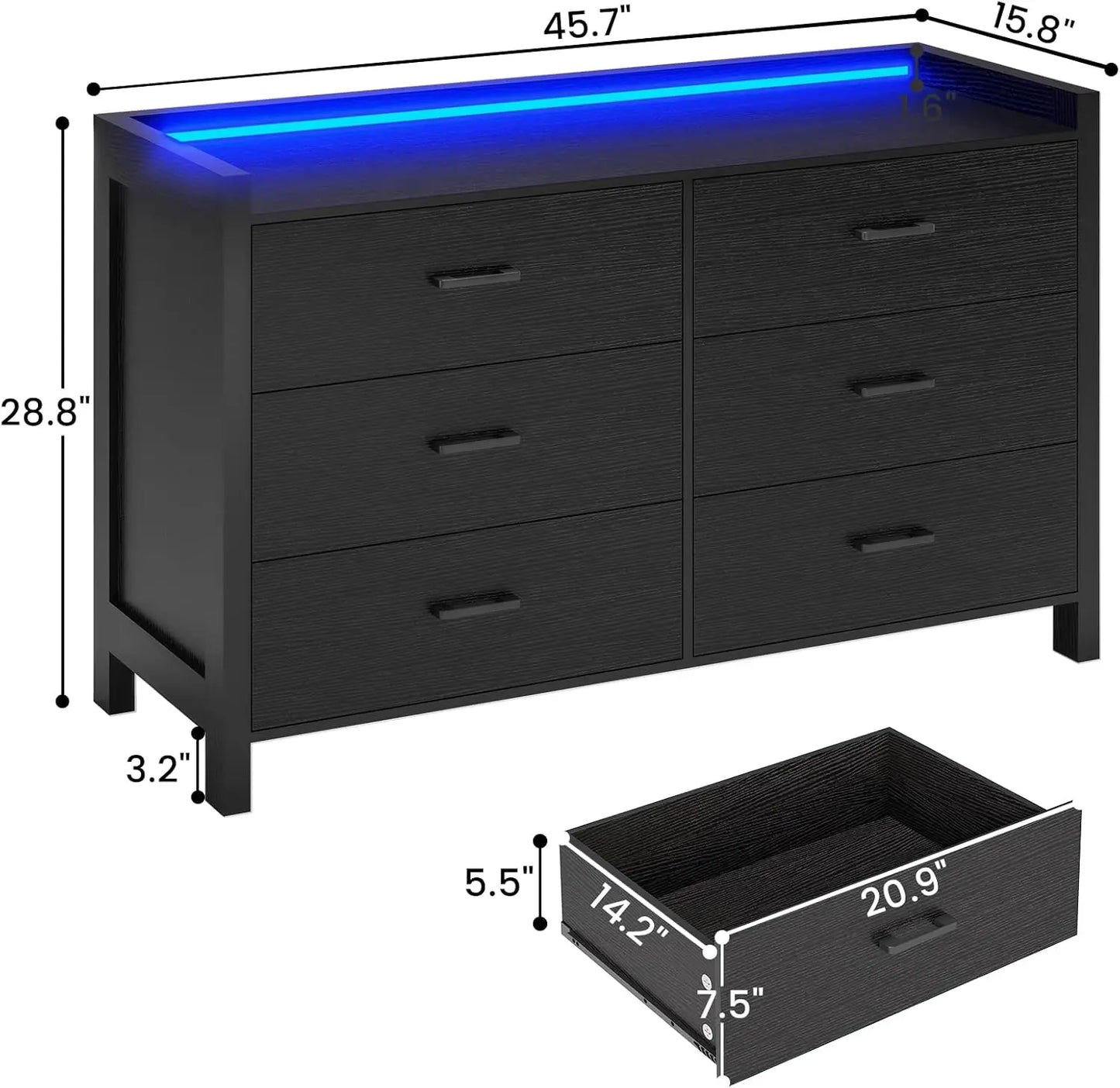 Black Dresser for Bedroom with LED Lights, Large Capacity Wooden Storage Cabinet, Chest of 6 Drawers Dresser