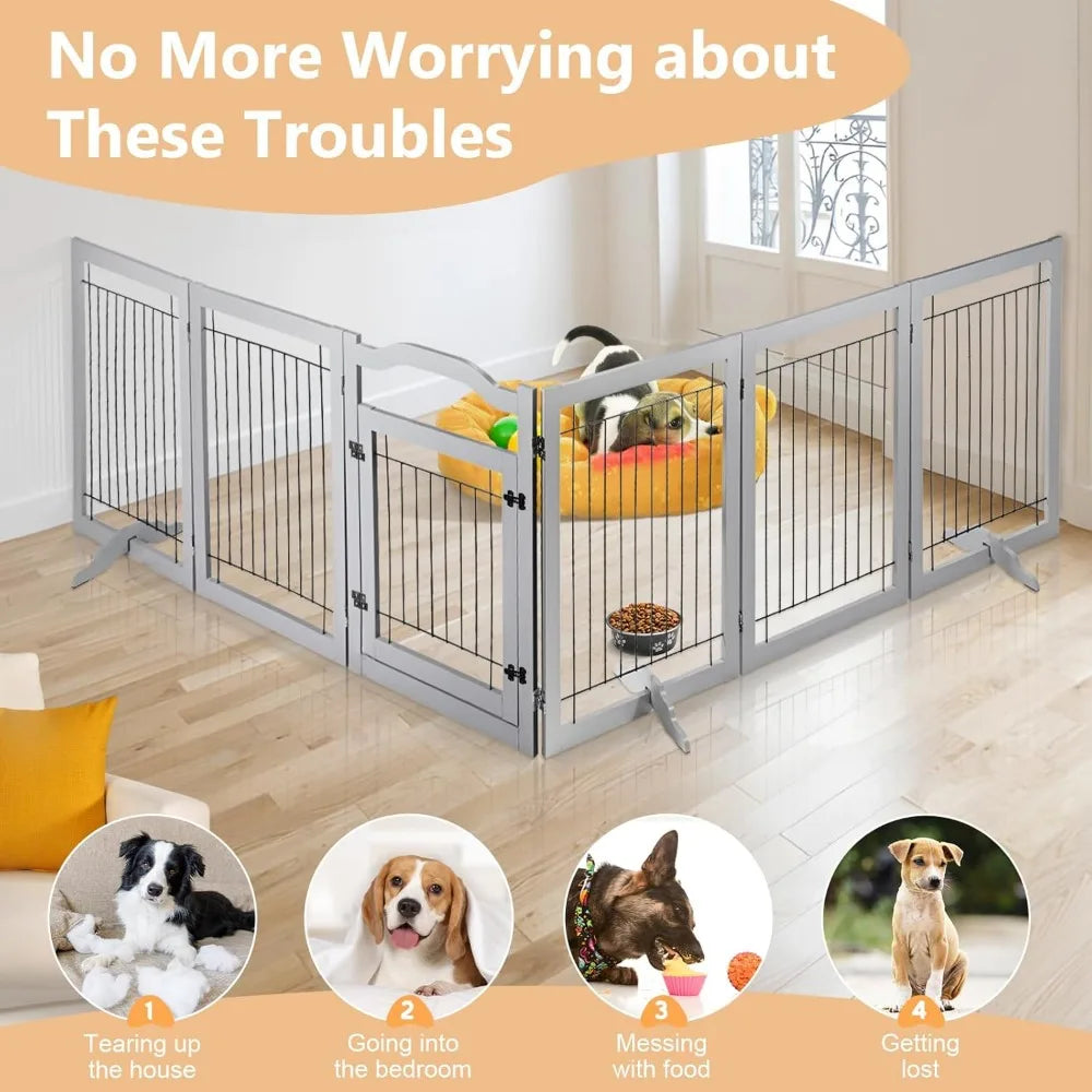 Freestanding Dog Gate  Extra Wide Wooden Indoor Pet Gate