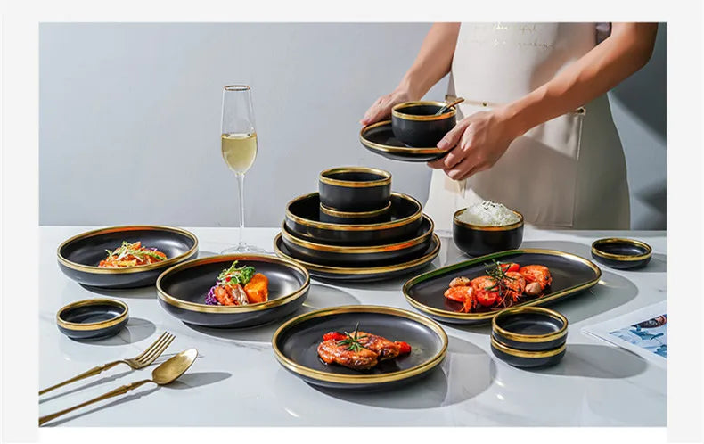 Black Porcelain Dinner Plates and Cutlery Set