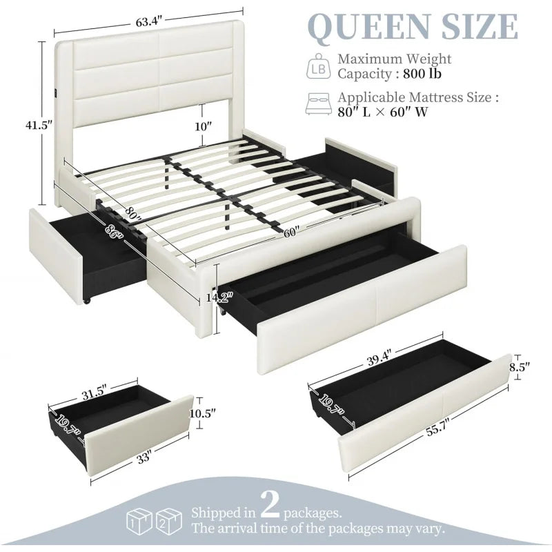 Queen Size Bed Frame With 2 USB Charging Station/Port