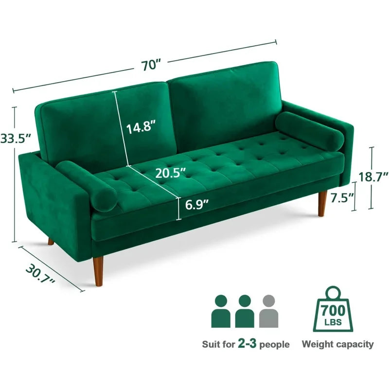 Green Velvet Couch with Tufted Seat Mid Century