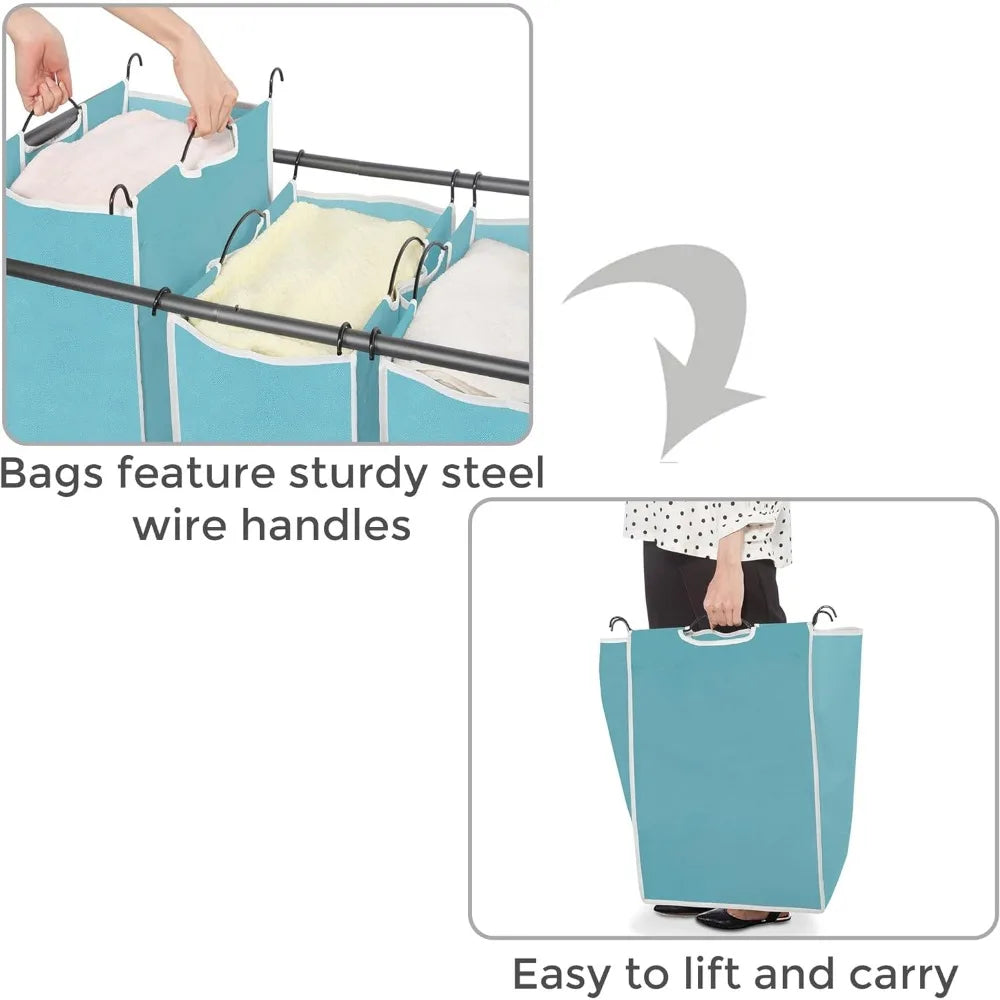 3 Section Laundry Sorter with Rolling Lockable Wheels