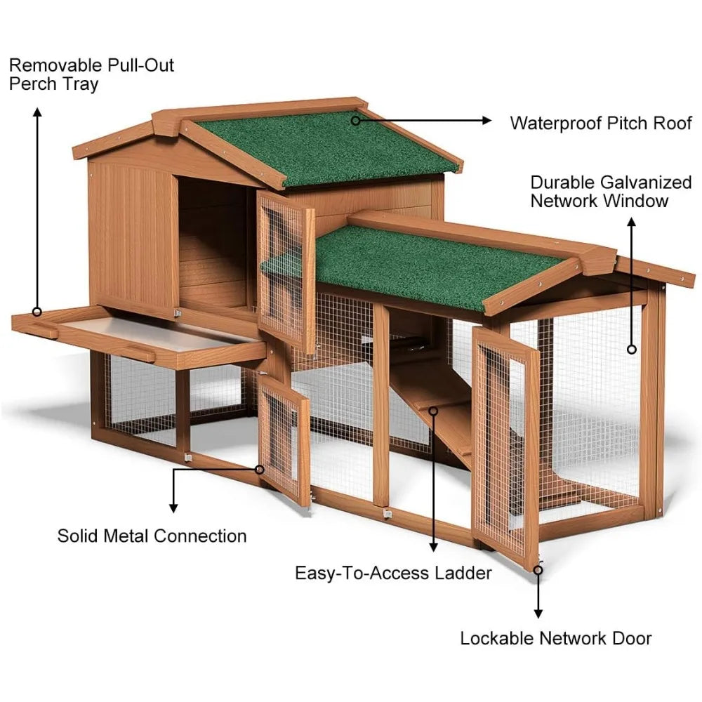 Large Chicken Coop, 58‘’ Wooden Hen House Outdoor Backyard Garden Bunny Rabbit Hutch with Ventilation Door, Removable Tray