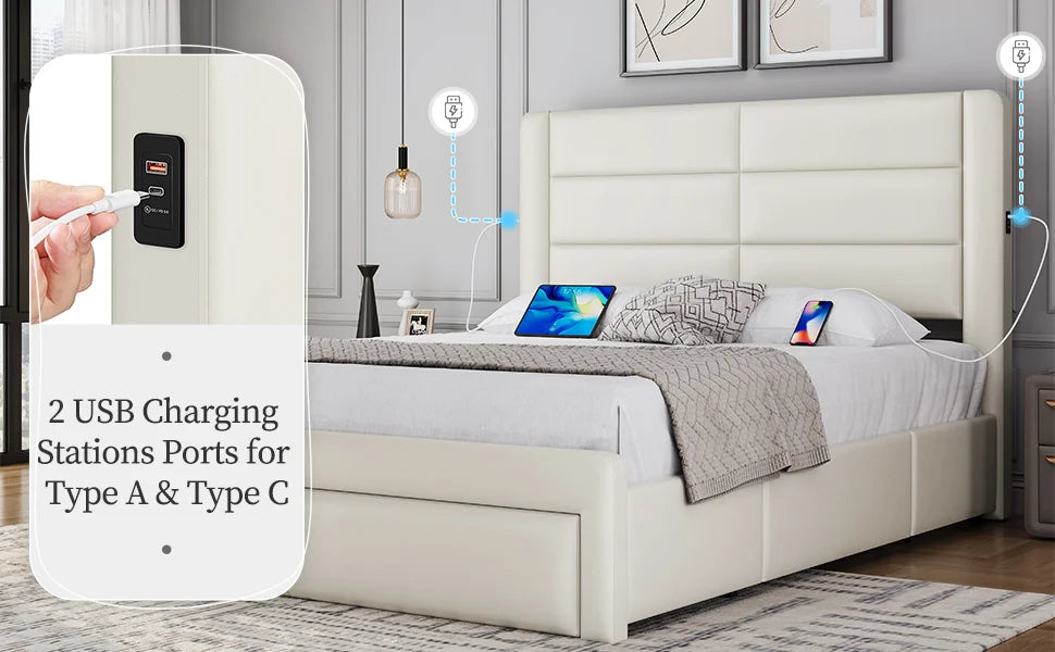 Queen Size Bed Frame With 2 USB Charging Station/Port