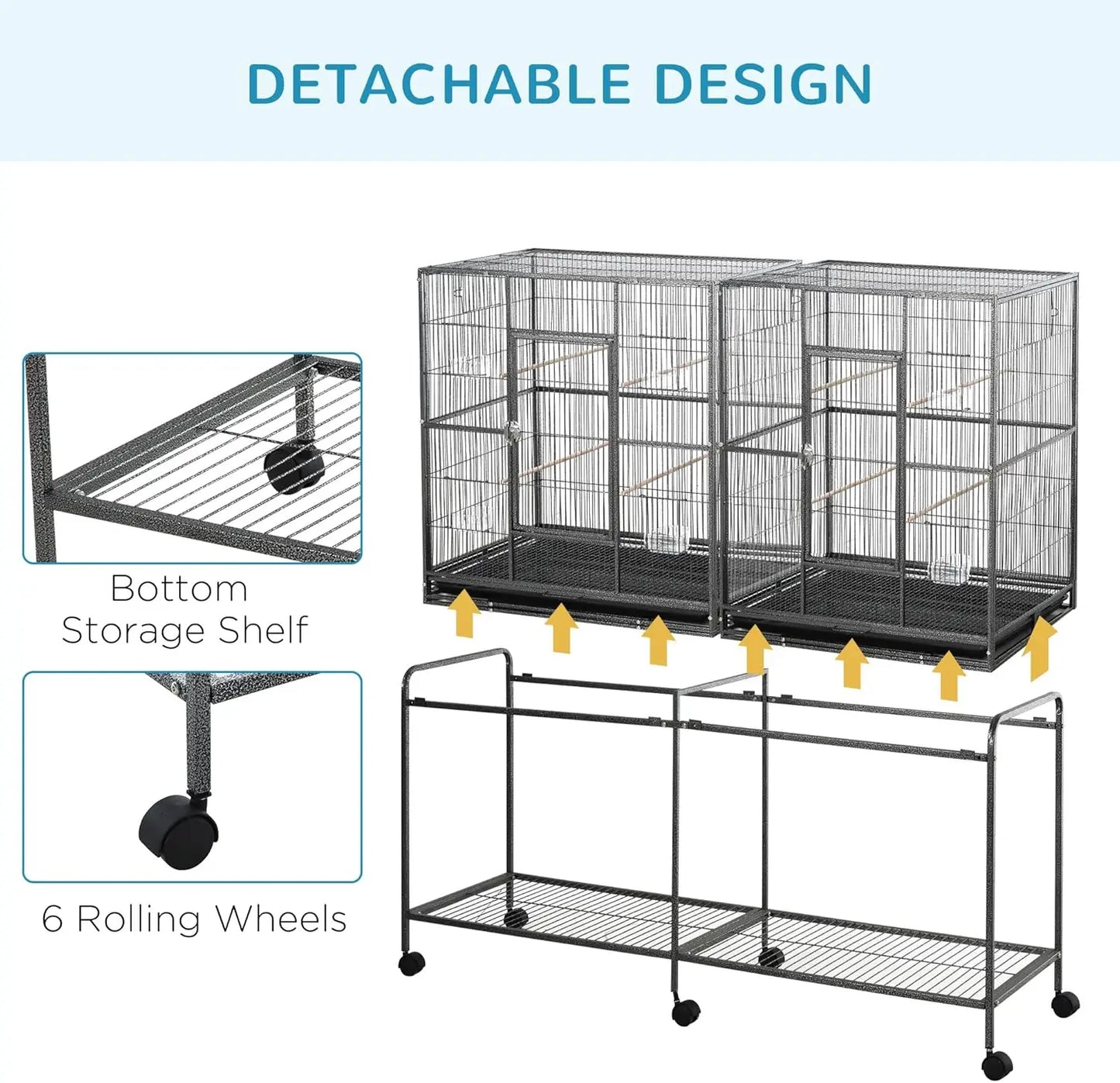 65" Double Rolling Metal Bird Cage Detachable Rolling Stand