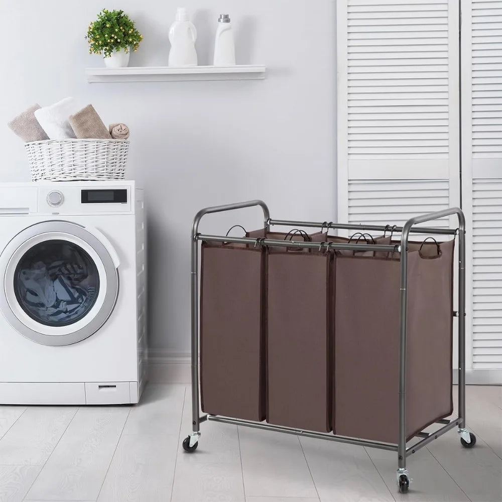 3 Section Laundry Sorter with Rolling Lockable Wheels