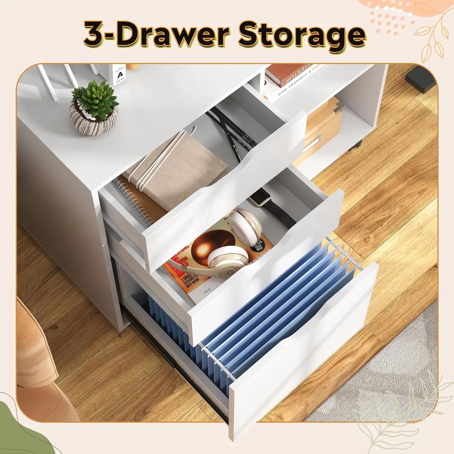 3-Drawer Filing Cabinet, Printer Stand with Open Storage