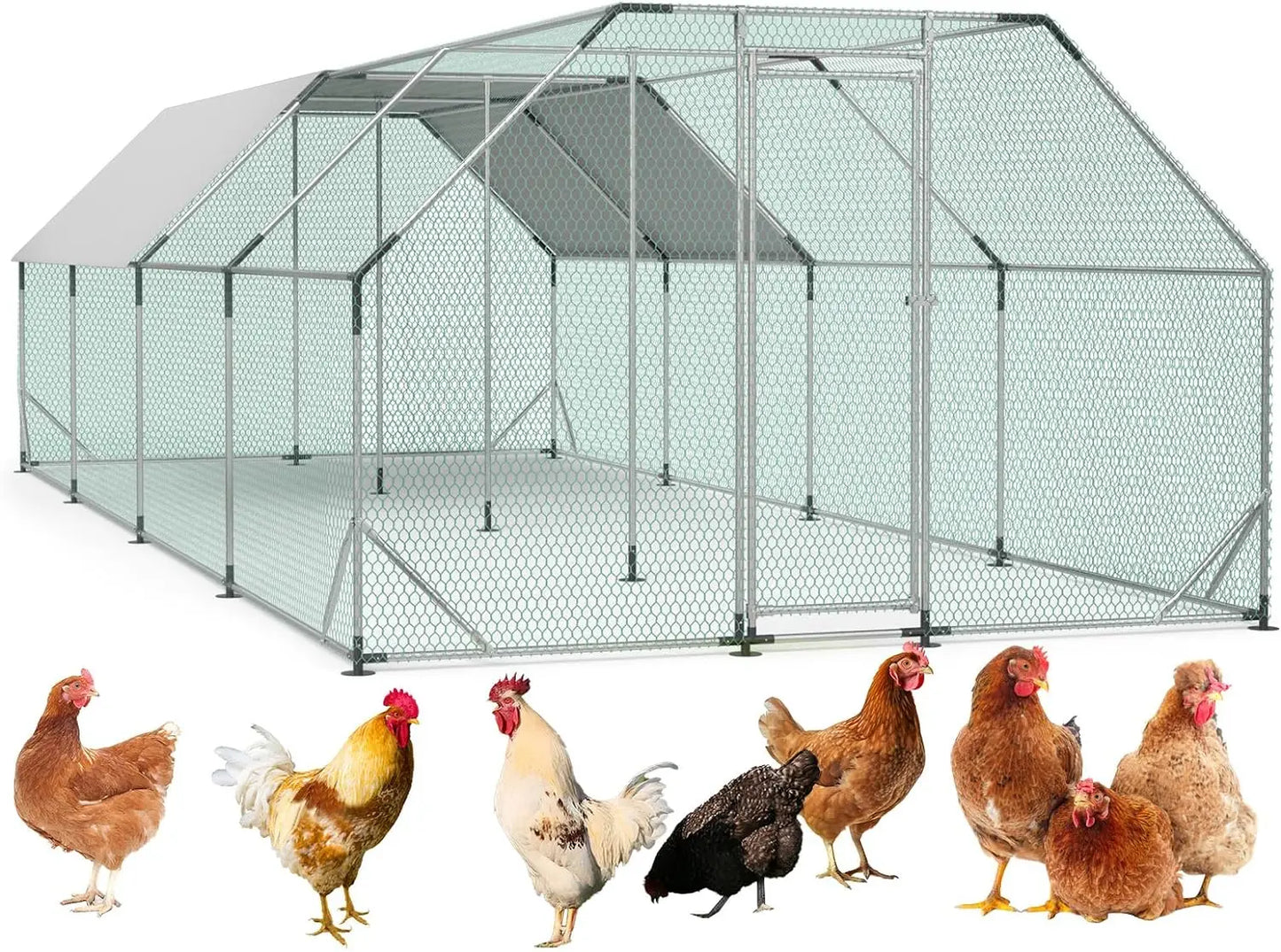 10x13FT Large Metal Chicken Run with Roof, Walk-in Poultry Cage Chicken Coop Runs House for Yard with Waterproof Cover