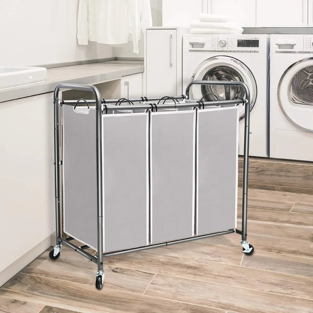 3 Section Laundry Sorter with Rolling Lockable Wheels