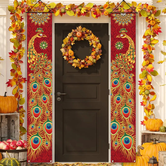 Peacock front porch with couplet door panels and background decoration