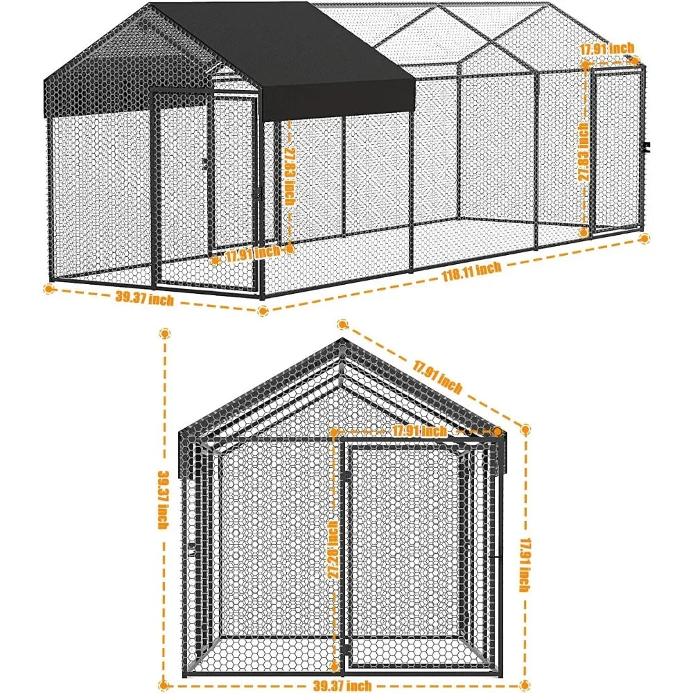 Large Metal Chicken Coop 120"×40"×40" Heavy Duty Chicken Run Hen House with Waterproof Anti-UV Cover for Outdoor Chicken Pens