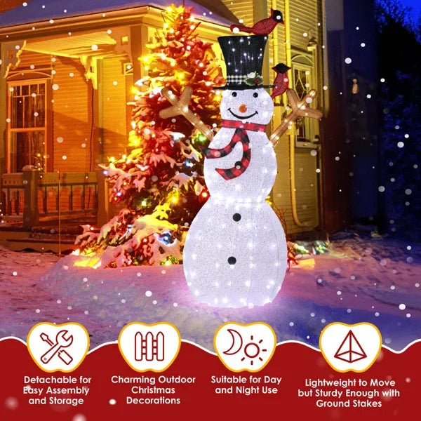 Lighted Snowman Christmas Yard Decorations, Pre-lit Snowman and Birds with 170 LED White Lights and Stakes for Xmas Outdoor