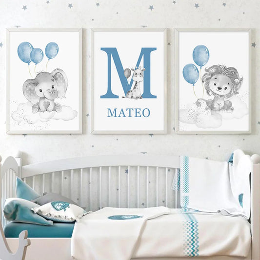 Cartoon Animals Lion Elephant Custom Baby's Name Poster Canvas Painting Nursery Wall Art Print Picture Kids Room Home Decor