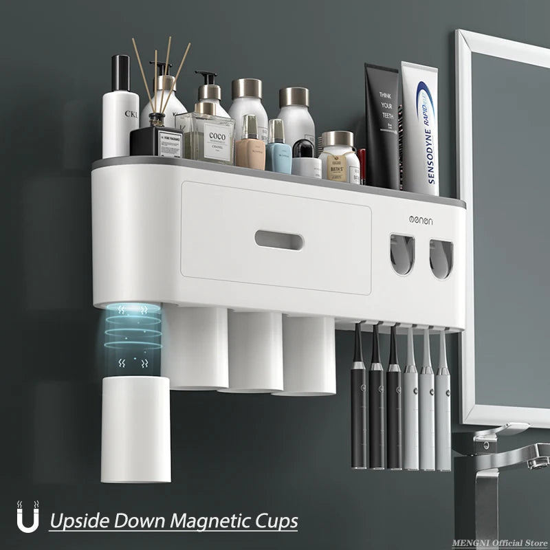 Magnetic Adsorption Inverted Toothbrush Holder Automatic Toothpaste Squeezer Storage Rack