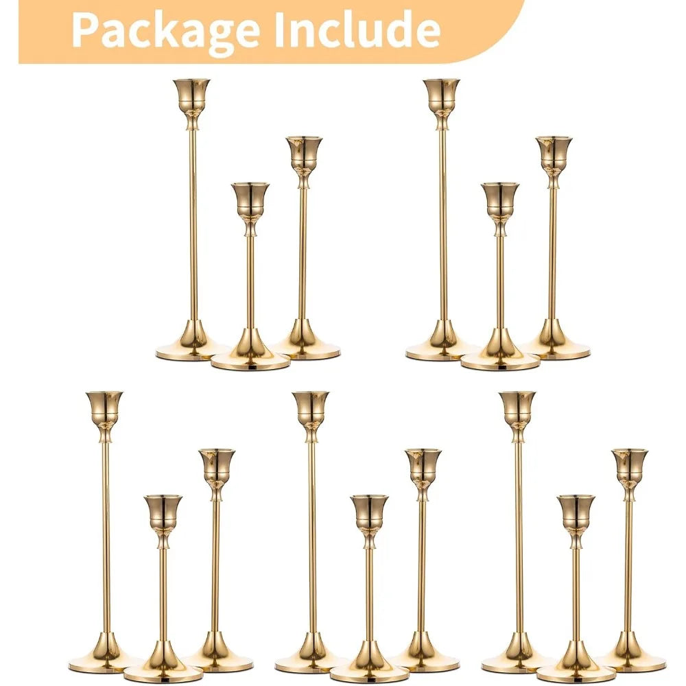 5 Sets(15 Pcs) Brass Gold Metal Taper Candlestick Holders