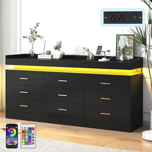 9 Drawer Dresser with Charging Station and LED Lights