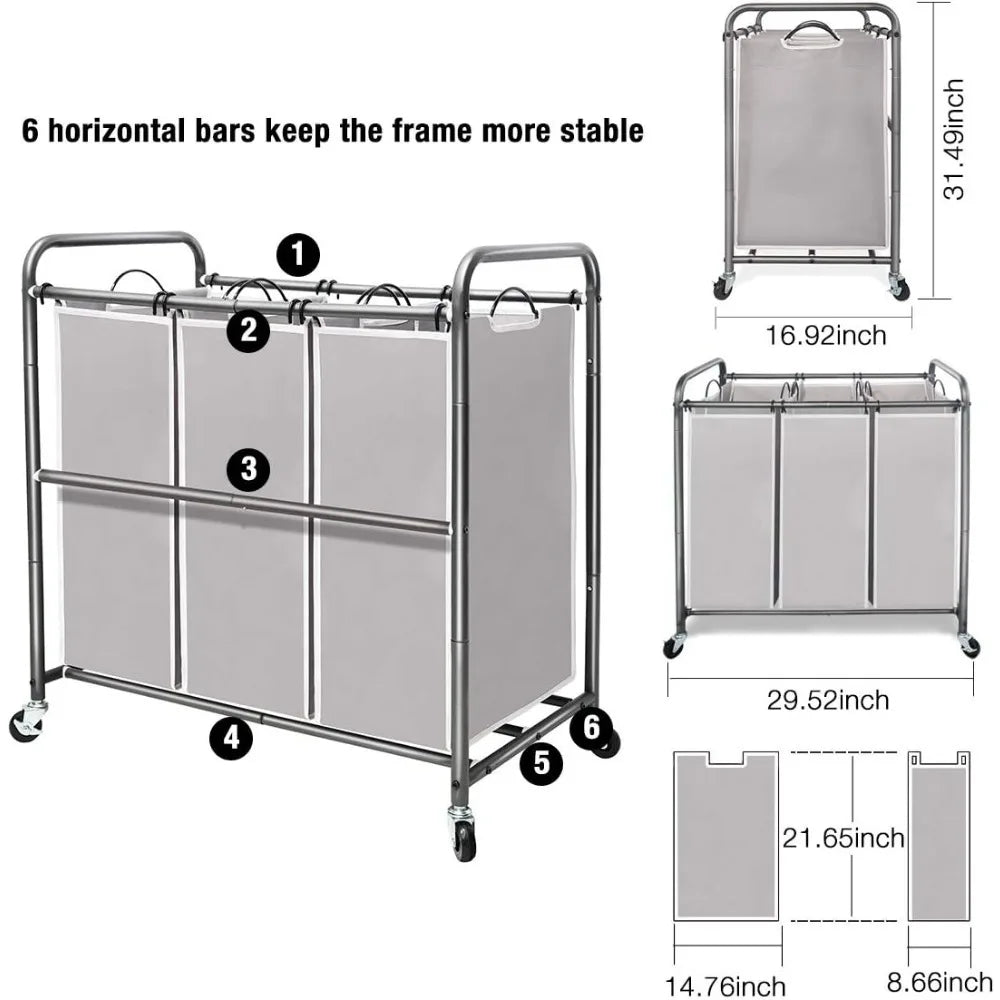 3 Section Laundry Sorter with Rolling Lockable Wheels