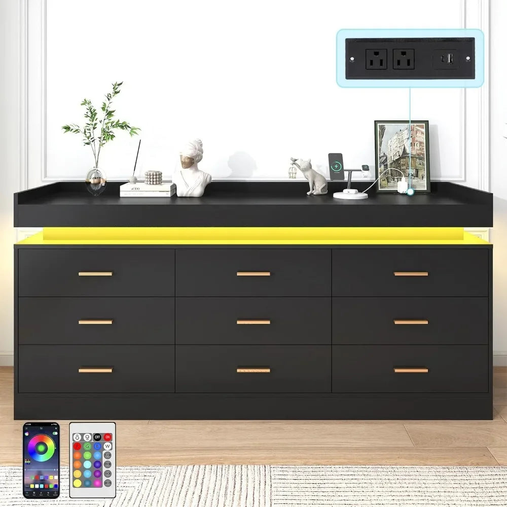 9 Drawer Dresser with Charging Station and LED Lights