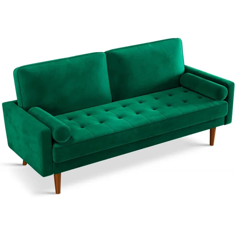 Green Velvet Couch with Tufted Seat Mid Century