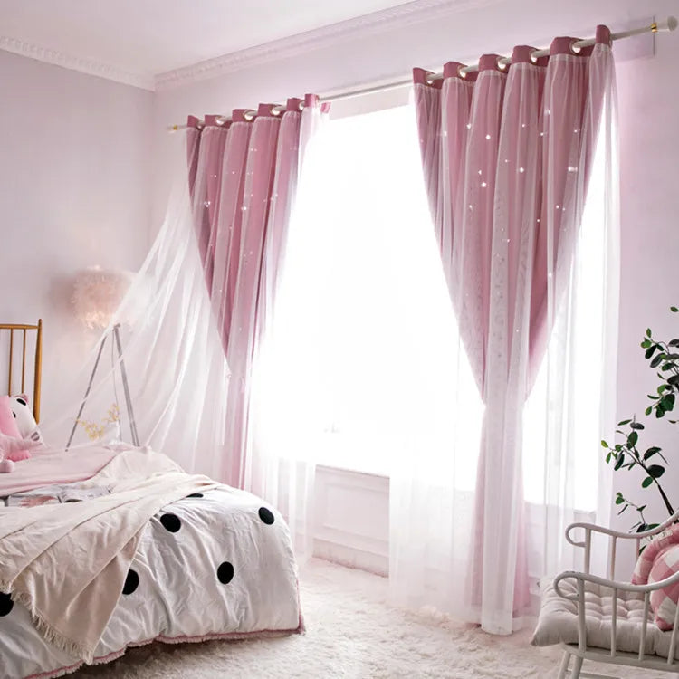 Girls Bedroom High Blackout Curtains Grommet Double Layer Sheer Overlay