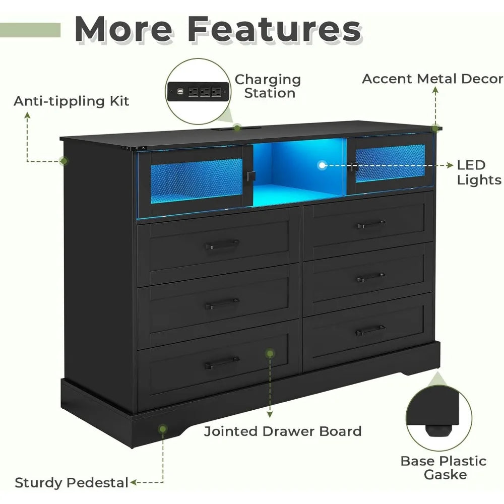 6 Drawers Dresser with LED Lights and Charging Station