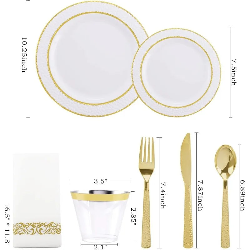 175PCS Plastic Plates with Gold Rim&Christmas Plates&Gold Plastic Silverware - Ideal for Wedding,Christmas Party