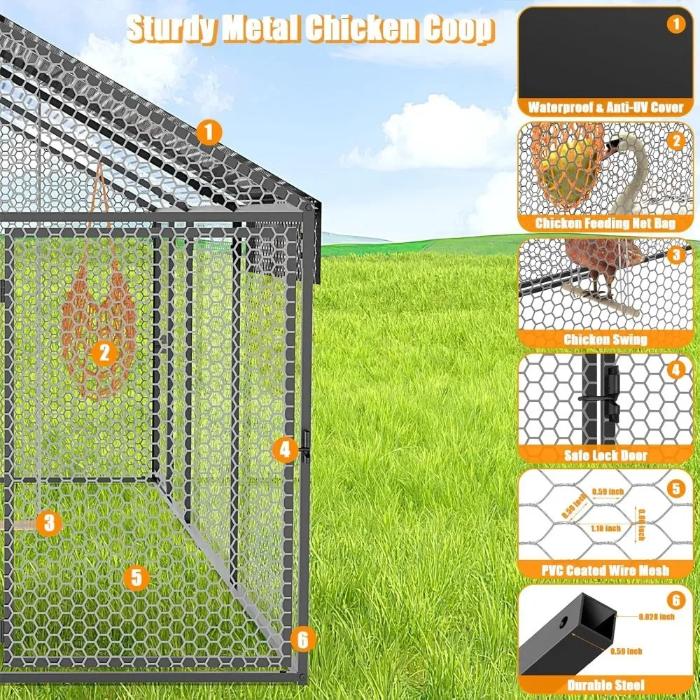 Large Metal Chicken Coop 120"×40"×40" Heavy Duty Chicken Run Hen House with Waterproof Anti-UV Cover for Outdoor Chicken Pens