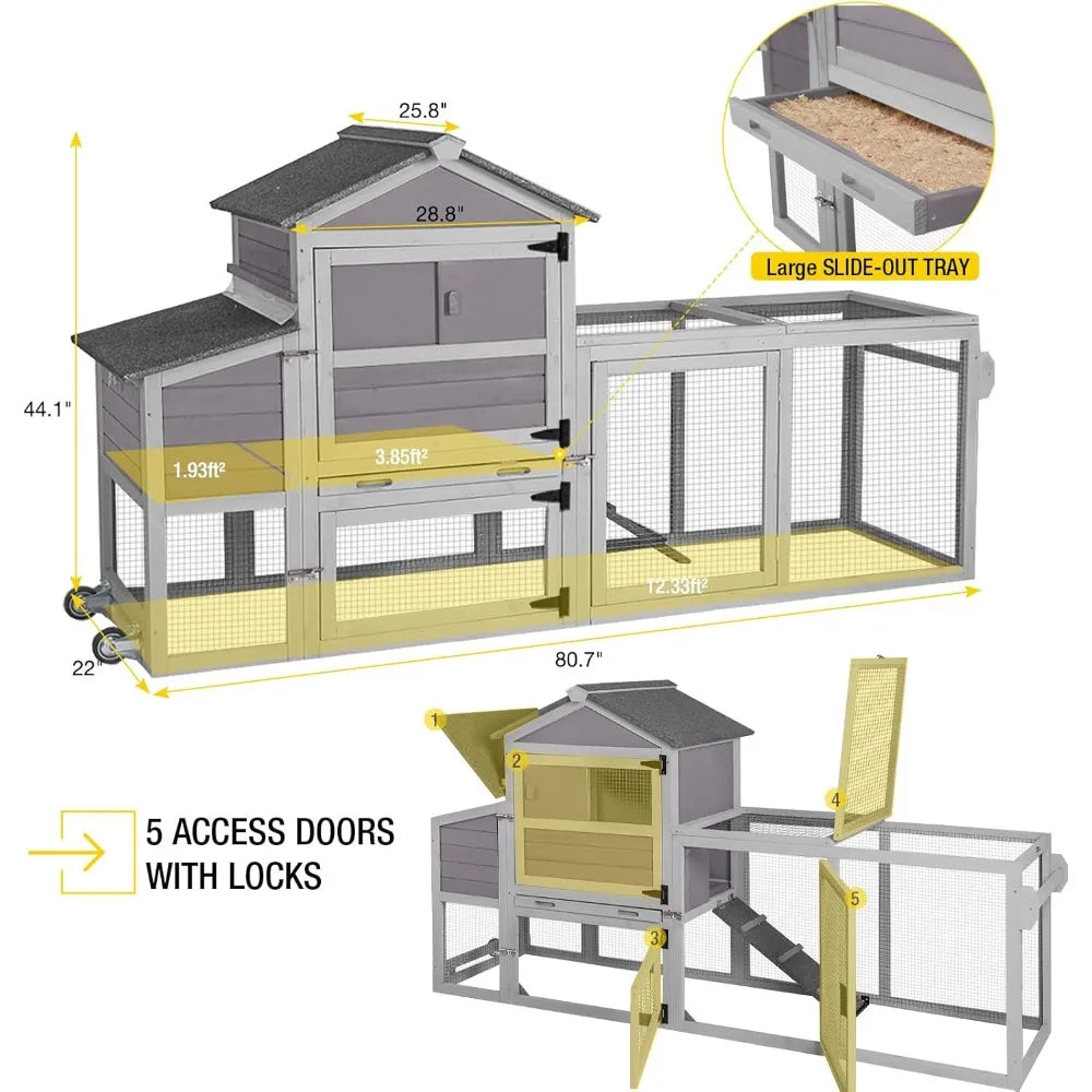 Chicken Coop Expandable Mobile Chicken House for Outdoor with Wheels, Leakproof Pull-on Tray and UV-Resistant Roof Panel