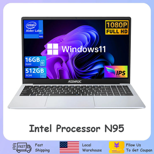 ACEMAGIC 15.6" Ultra Slim Laptop 16GB RAM 512GB SSD Intel N95 Notebook Gamer 1920*1080 Display Office Study Computer Windows 11