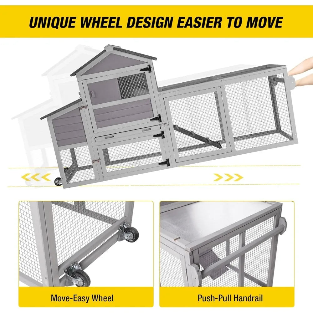 Chicken Coop Expandable Mobile Chicken House for Outdoor with Wheels, Leakproof Pull-on Tray and UV-Resistant Roof Panel