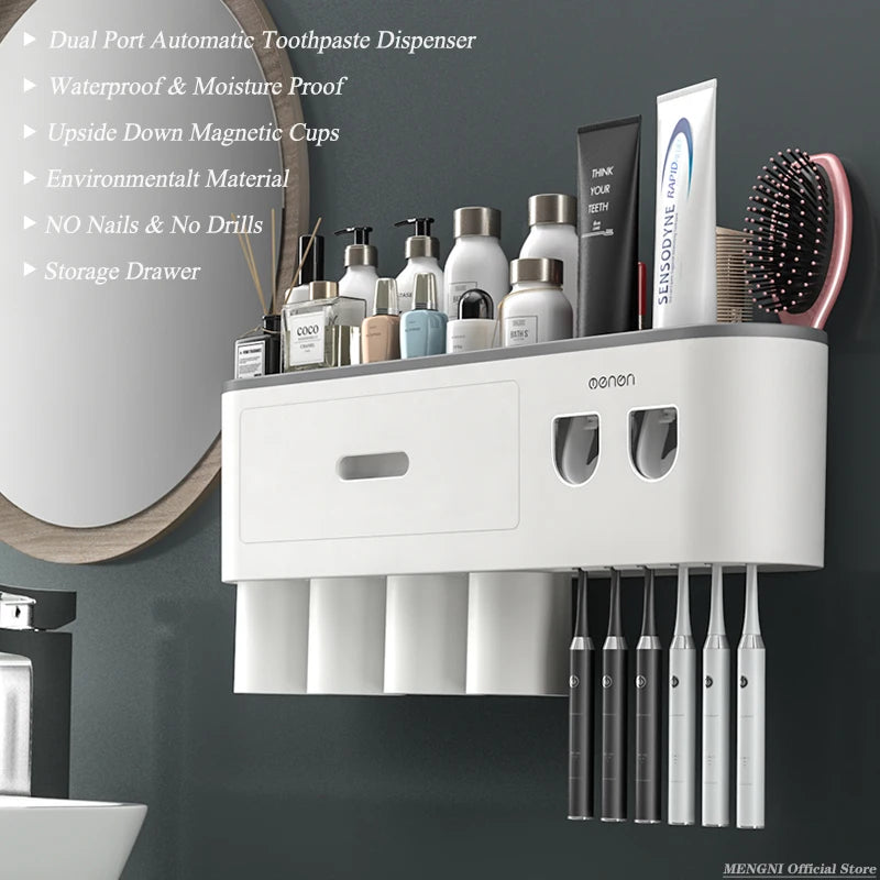 Magnetic Adsorption Inverted Toothbrush Holder Automatic Toothpaste Squeezer Storage Rack