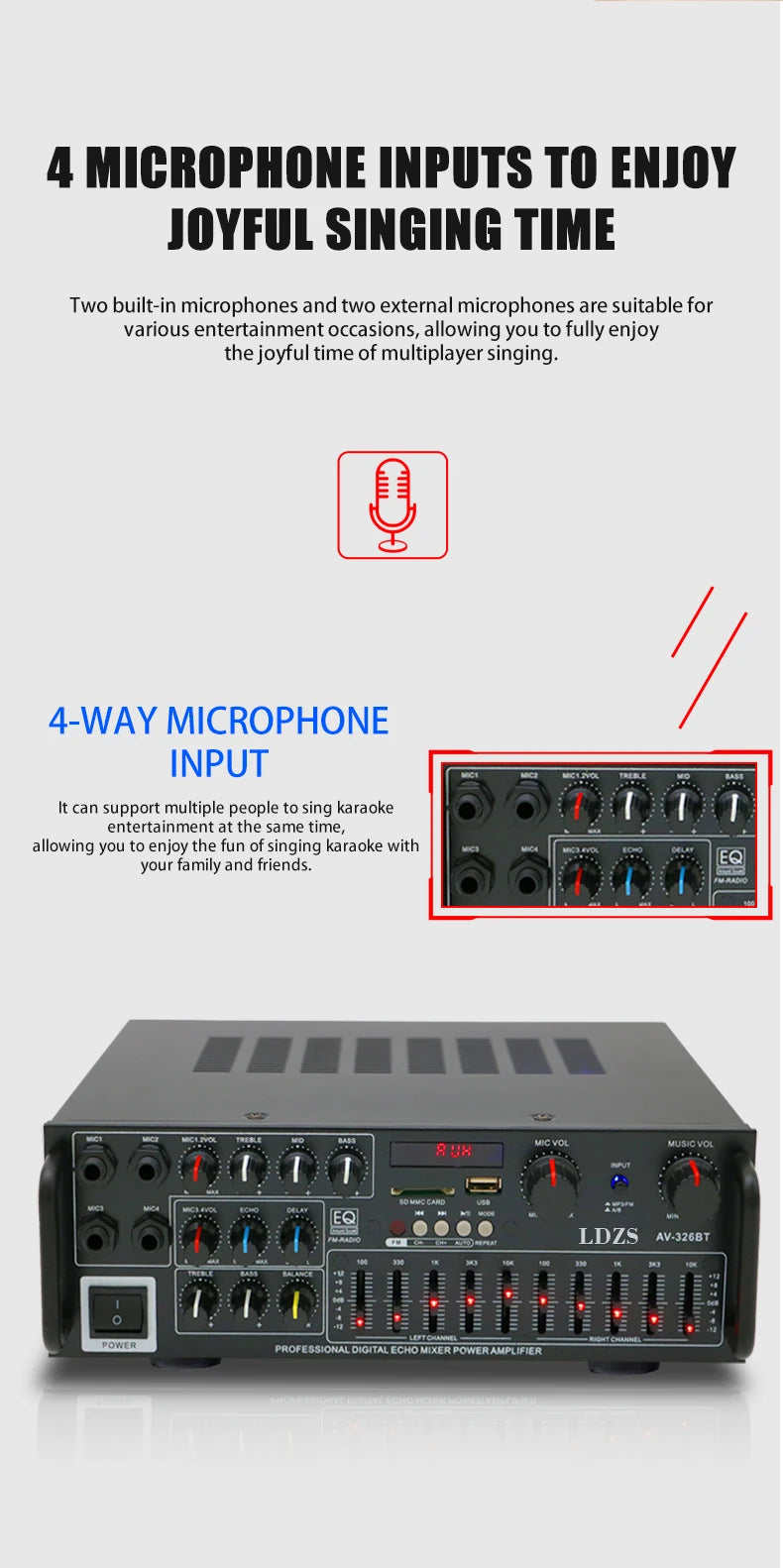 Bluetooth Stereo Amplifier with Remote Control Karaoke