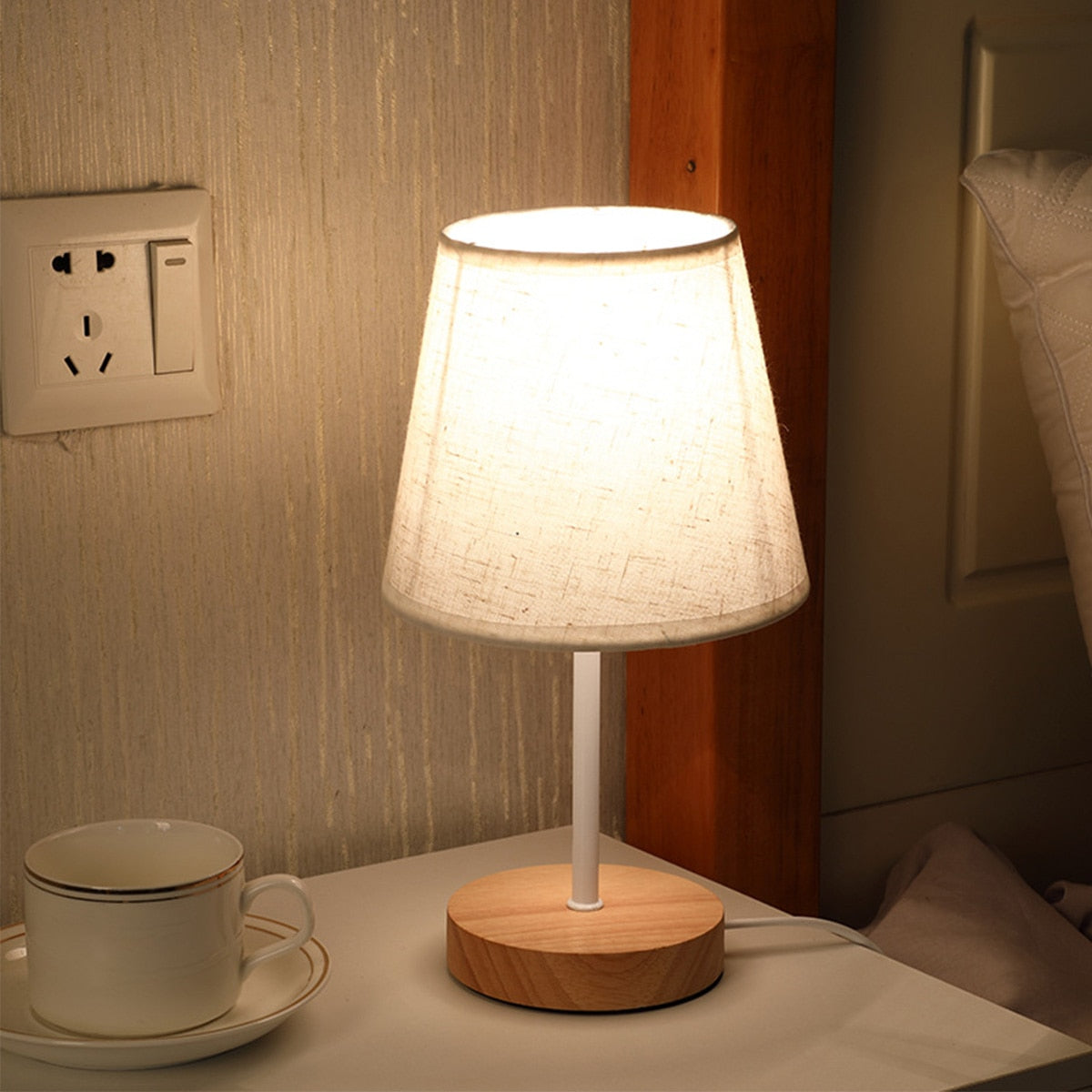 Wooden Table Lamp USB Powered Nightstand Warm Light