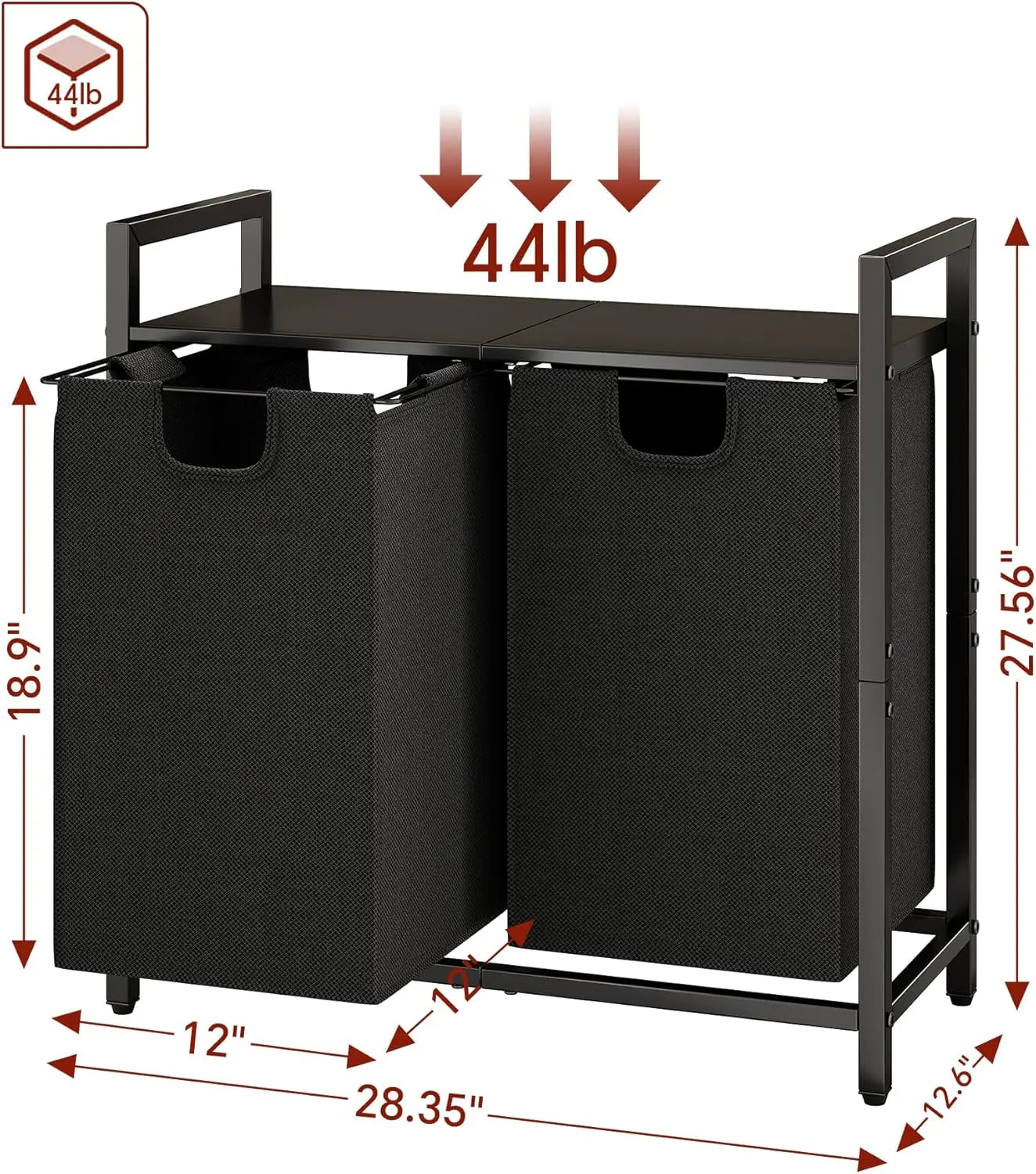 Laundry Hamper with Shelf & 2 Pull-Out Removable Bags