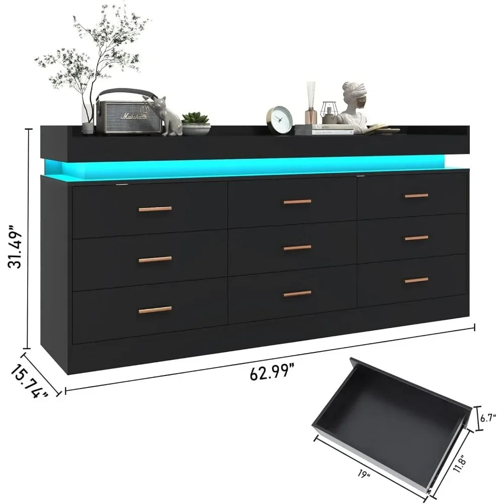 9 Drawer Dresser with Charging Station and LED Lights