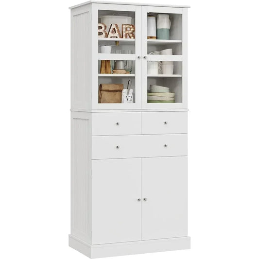 Tall Kitchen Pantry Storage Cabinet, Freestanding Bar with Glass Doors 2 Drawers