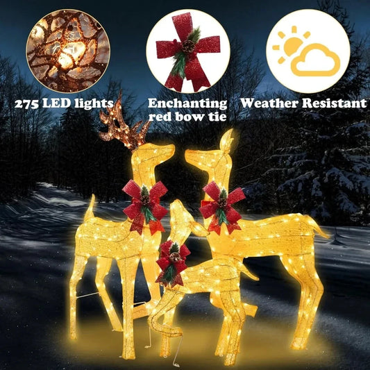 Lighted  Gold Reindeer Family Outdoor Christmas Decorations