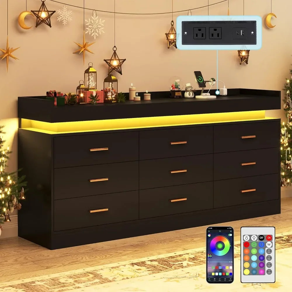 9 Drawer Dresser with Charging Station and LED Lights