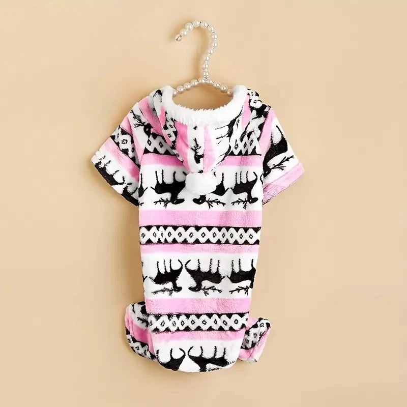 1pc Pet Christmas Reindeer Graphic Pajamas Hooded Jumpsuit For Puppy, Toy And Small Dog