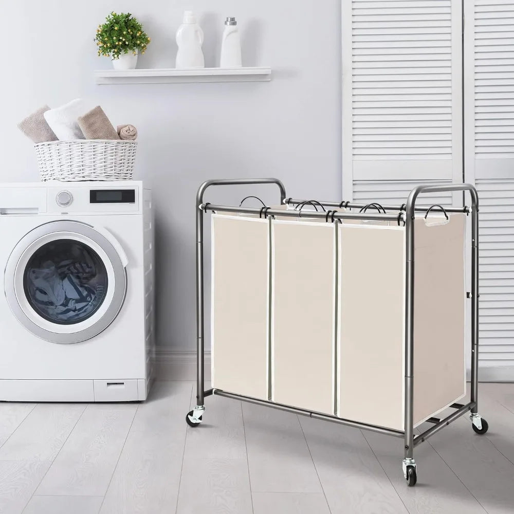 3 Section Laundry Sorter with Rolling Lockable Wheels