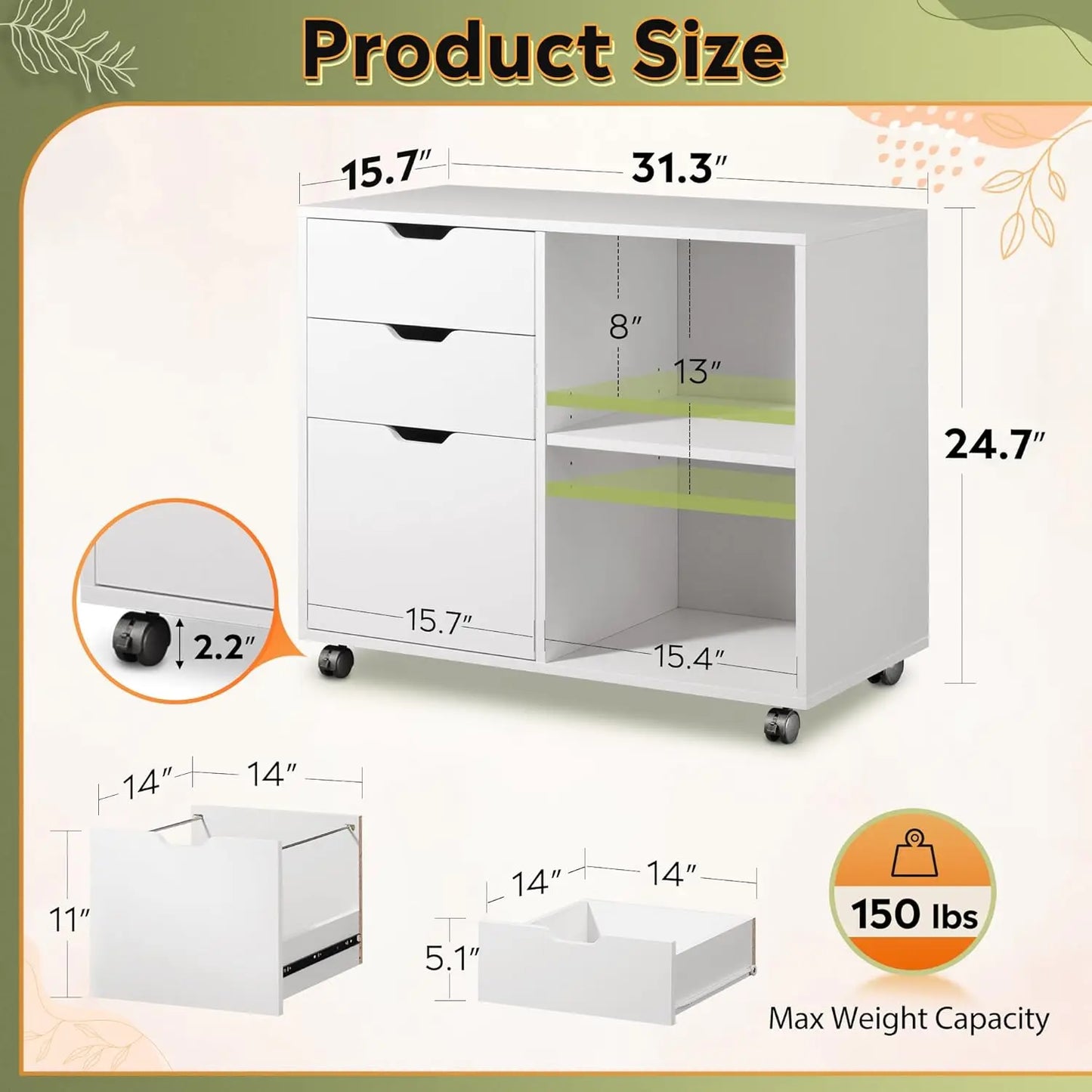 3-Drawer Filing Cabinet, Printer Stand with Open Storage