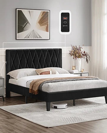 Queen Size Bed Frame With 2 USB Charging Station/Port