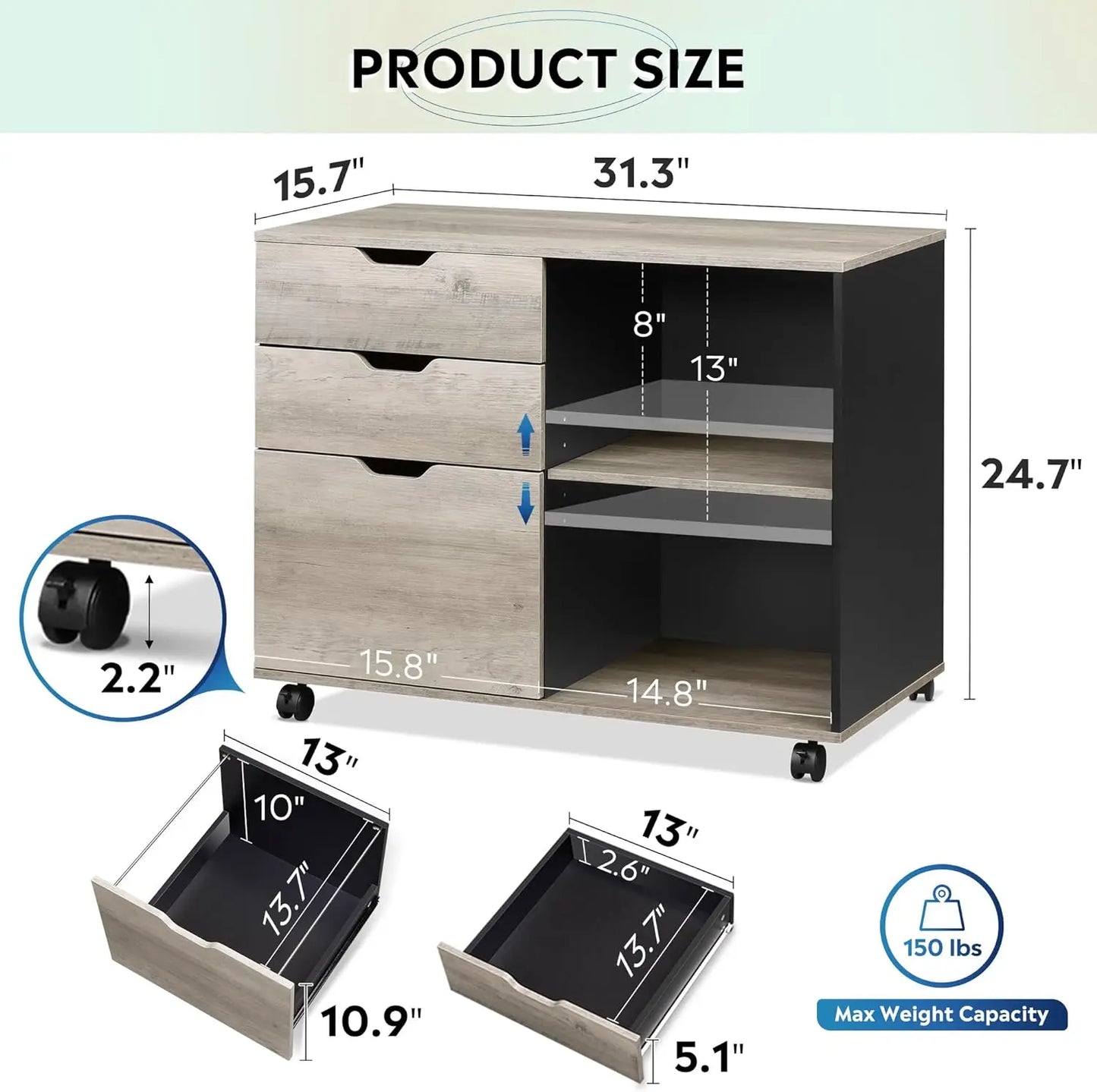 3-Drawer Filing Cabinet, Printer Stand with Open Storage