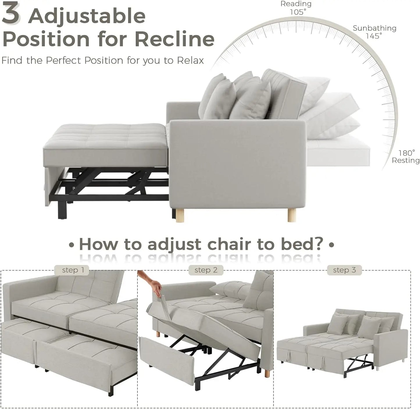 Folding Bed 3 in 1 Sleeper Chair Pull Out Lounge Daybed