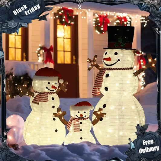 Christmas Decorations Outdoor, Pop-Up Set of 3 Snowman Christmas Decorations Outdoor, Snowman Family with 270 LED Lights