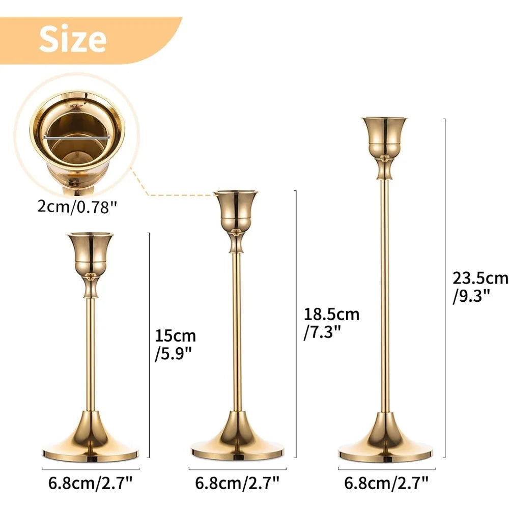 5 Sets(15 Pcs) Brass Gold Metal Taper Candlestick Holders