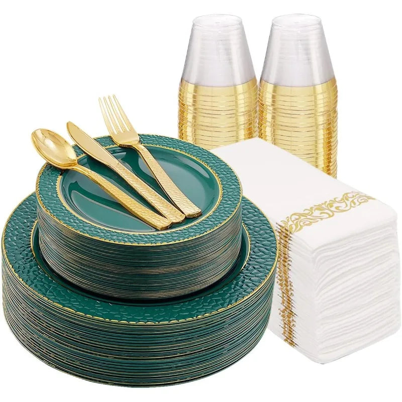 175PCS Plastic Plates with Gold Rim&Christmas Plates&Gold Plastic Silverware - Ideal for Wedding,Christmas Party